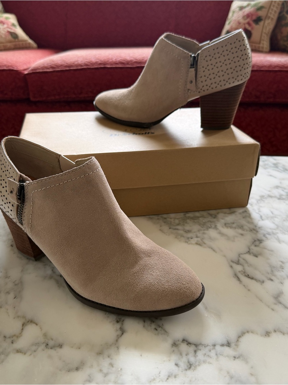 Dr. Scholl's Suede Ankle Bootie - taupe, size 9 medium